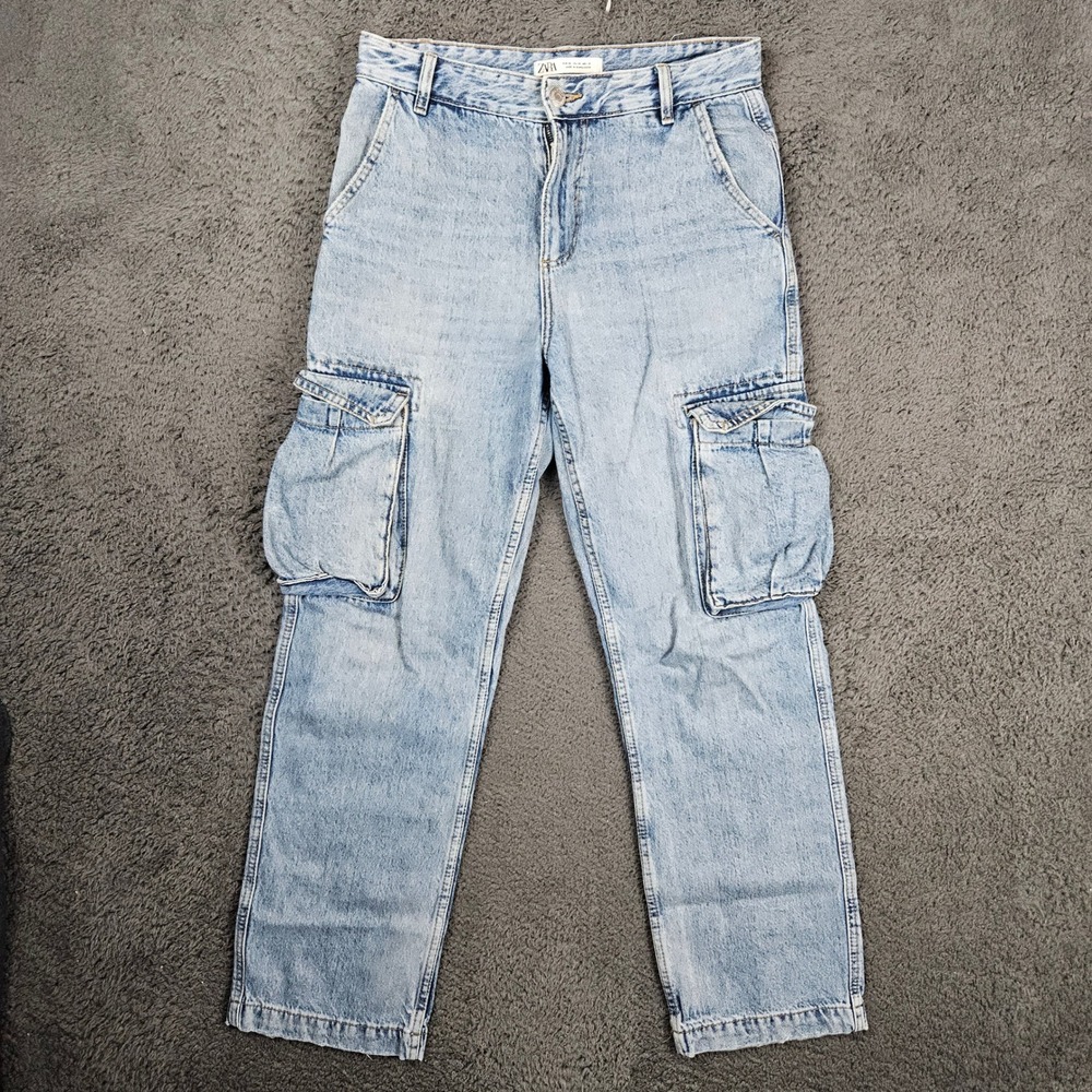 ZARA Light Wash Denim Cargo Pants Women Size 30 Straight Leg Utility Pockets